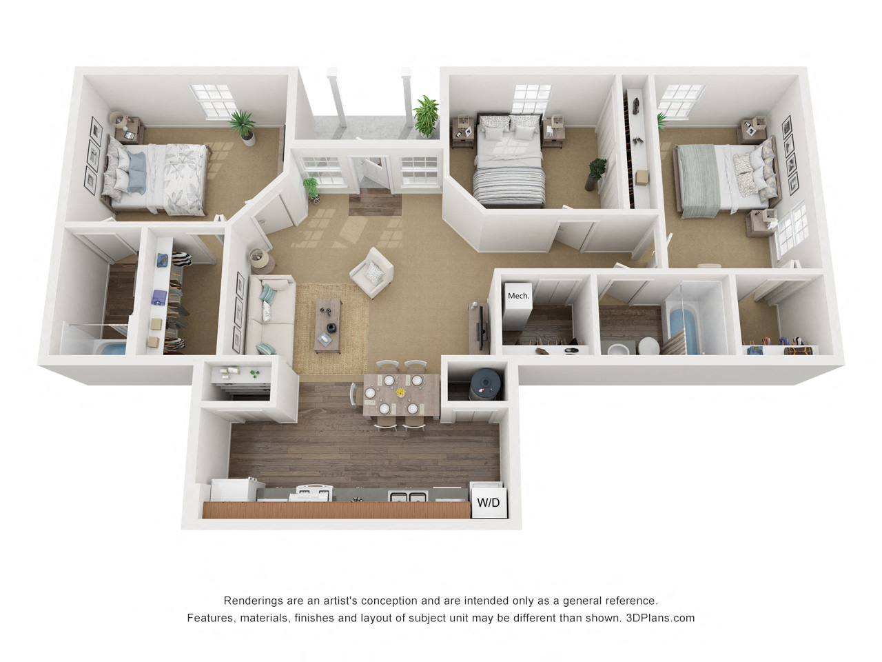Floor plan for 3 beds, 2 baths, 1470 sqft